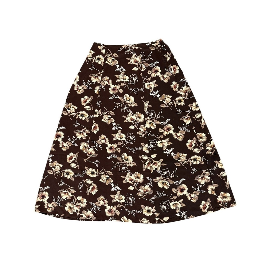 Kathy Ireland VTG 90s Tropical A-Line Maxi Skirt Brown Floral Size M Boho Chic